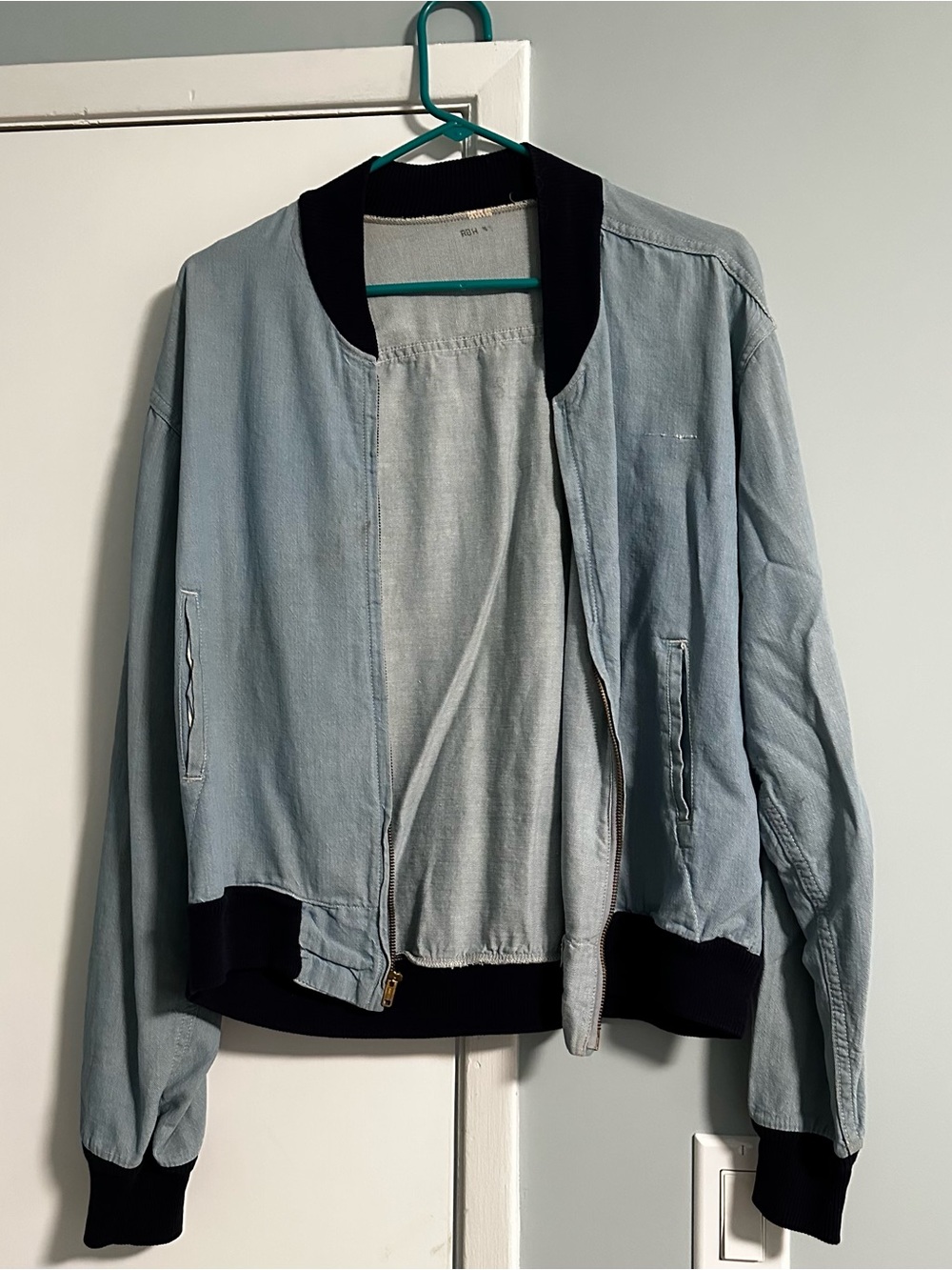 VintageLight Blue Bomber Jacket with Black Trim